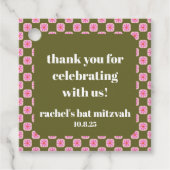 レトロフローラチェッカーボードピンクグリーンバルミツワー フェイバータグ (正面)