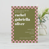 レトロフローラチェッカーボードピンクグリーンバルミツワー 招待状 (スタンド正面)