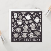 レトロフローラティーポット誕生日 カード (正面/裏面インサイチュ)