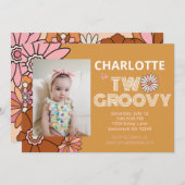 レトロフローラデイジー2グルーヴィ誕生日 招待状 (正面/裏面)