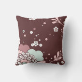 レトロフローラデザインブラウン、ブルーおよびピンクのアクセント クッション (裏面)