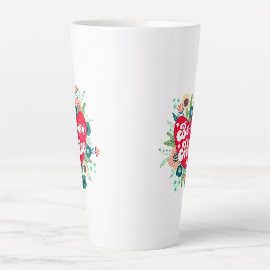 レトロフローラハートベマインレッドバレンタインデー カフェラテマグ (正面)