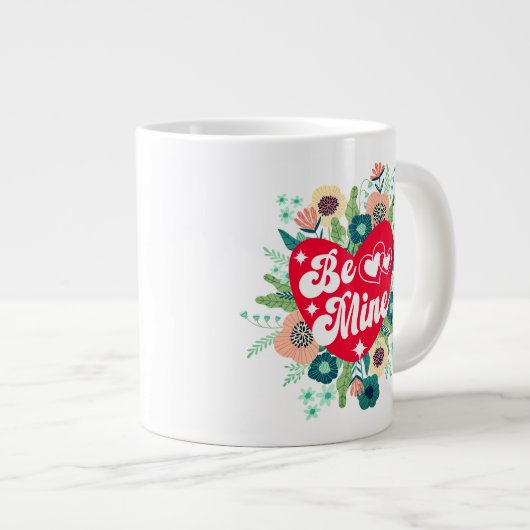 レトロフローラハートベマインレッドバレンタインデー ジャンボコーヒーマグカップ (正面右)
