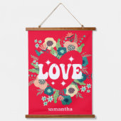 レトロフローラハートラブレッドバレンタインズデイウォール 吊り下げ型タペストリー (正面)