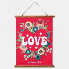 レトロフローラハートラブレッドバレンタインズデイウォール 吊り下げ型タペストリー