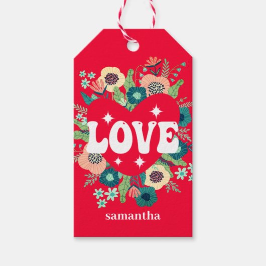 レトロフローラハートラブレッドバレンタインデー ギフトタグ (正面)