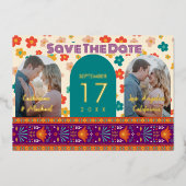 レトロフローラパーソナライズされた2フォトアーチマゼンタ 箔招待状 (正面)