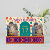 レトロフローラパーソナライズされた2フォトアーチマゼンタ 箔招待状 (立ち正面)