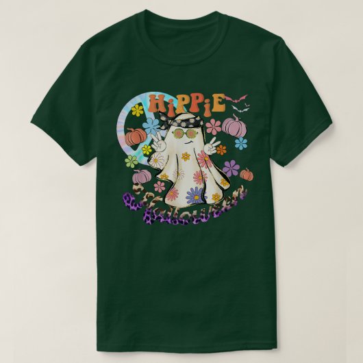 レトロフローラヒッパイハロウィーンパンプキン幽霊平和 Tシャツ (デザイン正面)