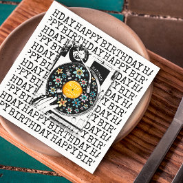 レトロフローラビニルハッピーバースデー パーソナライズされた スタンダードカクテルナプキン