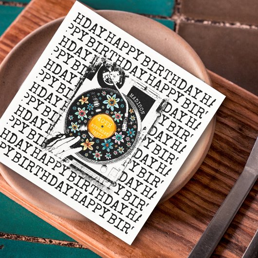 レトロフローラビニルハッピーバースデー パーソナライズされた スタンダードカクテルナプキン