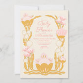 レトロフローラピンク金ゴールドアールヌーボーベビーシャワー 招待状 (正面)