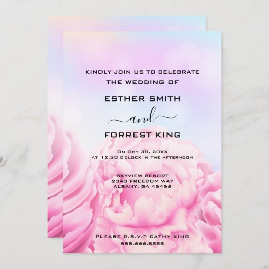 レトロフローラピンク&イエロー結婚ズ 招待状 (正面/裏面)