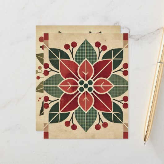 レトロフローラフォークアートポインセティアスクラップブック紙 (正面/裏面インサイチュ)
