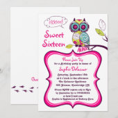 レトロフローラフクロウホットピンクSweet sixteen招待状 招待状 (正面/裏面)