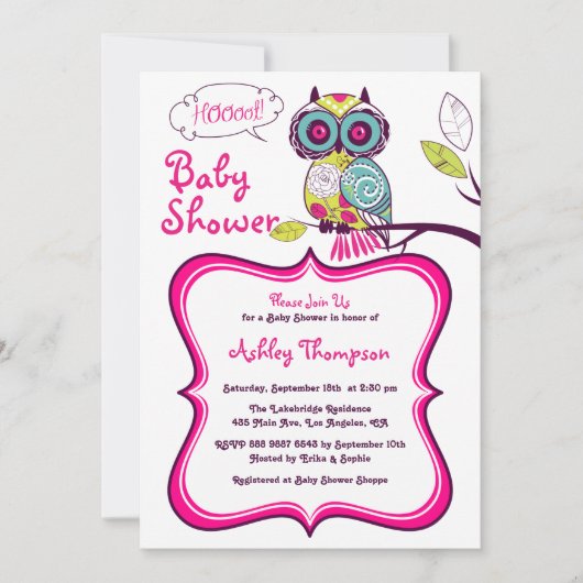 レトロフローラフクロウ熱ピンクベビーシャワー招待状 招待状 (正面)