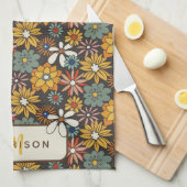 レトロフローラブラウン金ゴールドティール（緑がかった色） パーソナライズされた キッチンタオル (四つ折り)