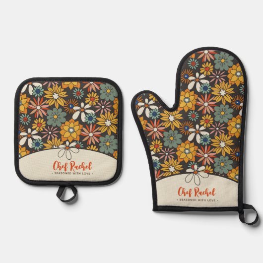 レトロフローラブラウン金ゴールドティール（緑がかった色） パーソナライズされた 鍋つかみ&鍋敷きセット (正面)