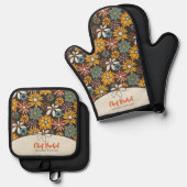 レトロフローラブラウン金ゴールドティール（緑がかった色） パーソナライズされた 鍋つかみ&鍋敷きセット (正面/裏面)