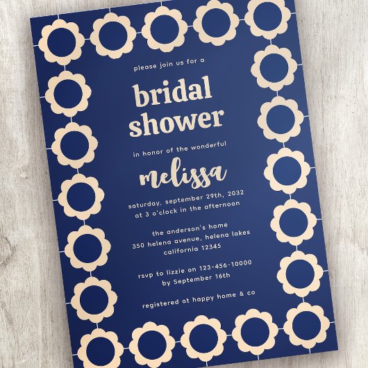 レトロフローラブルークリームブライダルシャワー 招待状