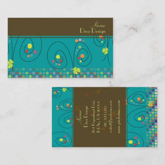 レトロフローラブーケと水玉模様ビジネスカード 名刺 (正面/裏面)