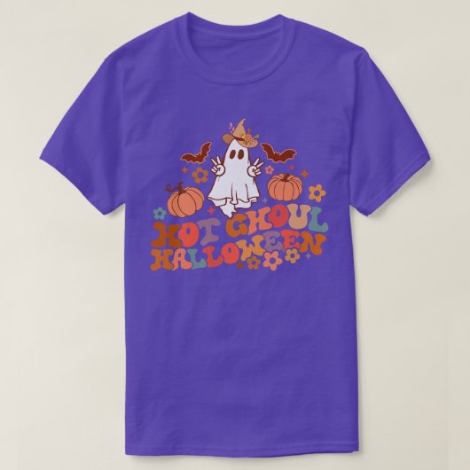レトロフローラホットグウルハロウィーン幽霊パンプキンスポ Tシャツ (デザイン正面)