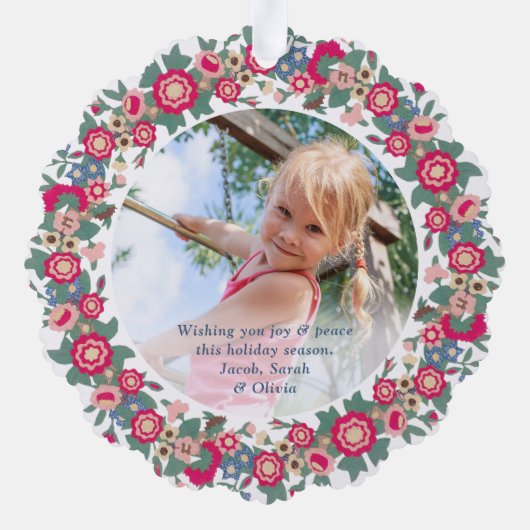 レトロフローラホリデーリースメリークリスマスフォト オーナメントカード (裏面)