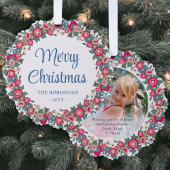 レトロフローラホリデーリースメリークリスマスフォト オーナメントカード