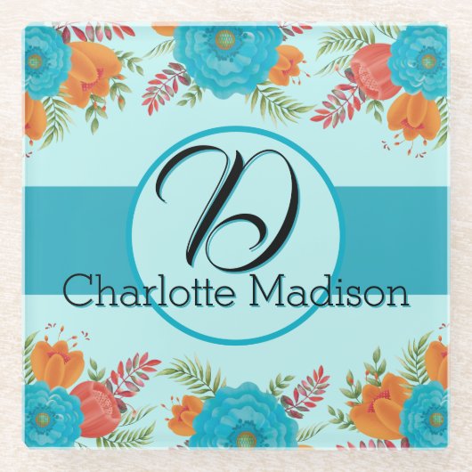 レトロフローラホームデコーオフィスモノグラム名 ガラスコースター (正面)