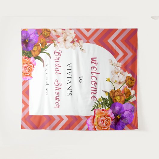 レトロフローラマゼンタ明るい赤紫色ブライダルシャワー歓迎 タペストリー (正面(横))