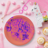 レトロフローラマ鮮やかゼンタ誕生日 ペーパープレート (パーティー)