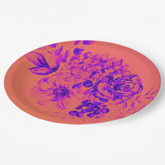 レトロフローラマ鮮やかゼンタ誕生日 ペーパープレート (アングル)