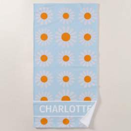 レトロフローラモノグラムオレンジブルーホワイト ビーチタオル