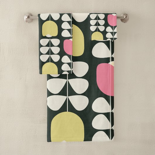 レトロフローラルパターンイエローピンクグリーン バスタオルセット