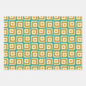 レトロフローラルパターンティール(緑がかった色)、クリーム、オレンジ ラッピングペーパーシート (正面2)