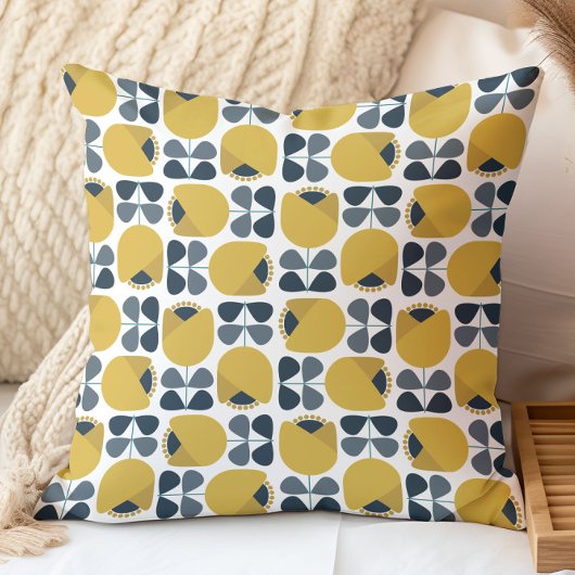 レトロフローラルパターンネイビー、グレー、マスタードイエロー クッション