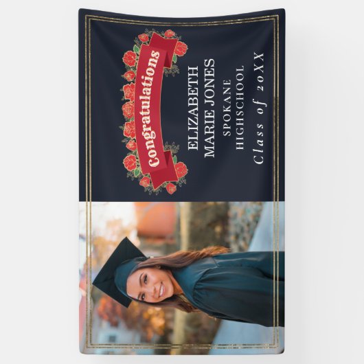 レトロフローラ写真卒業パーティー招待状 横断幕 (縦)