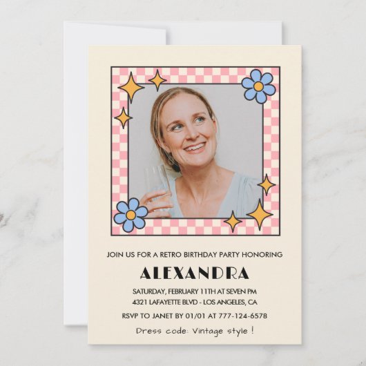 レトロフローラ写真44歳の誕生日の招待状ブルー 招待状 (正面)