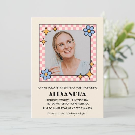 レトロフローラ写真44歳の誕生日の招待状ブルー 招待状 (スタンド正面)