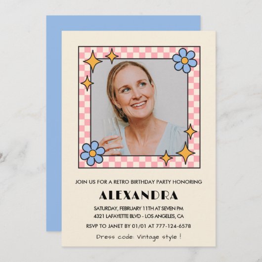 レトロフローラ写真54歳の誕生日の招待状ブルー 招待状 (正面/裏面)