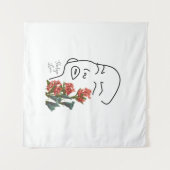 レトロフローラ女性顔ワンラインスケッチブロッサムT タペストリー (正面(横))