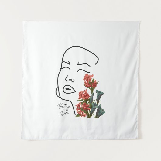 レトロフローラ女性顔ワンラインスケッチブロッサムT タペストリー (正面)