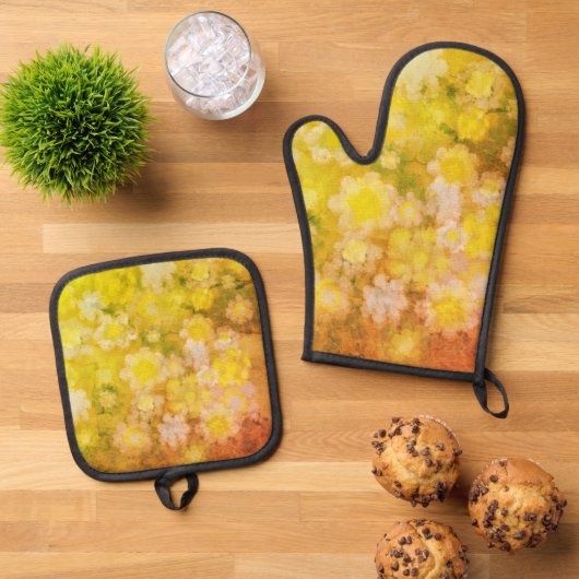 レトロフローラ抽象芸術塩水の色絵画の 鍋つかみ&鍋敷きセット (トップダウン)