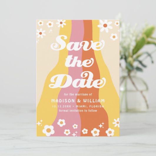 レトロフローラ結婚式の日付写真を保存 招待状 (スタンド正面)