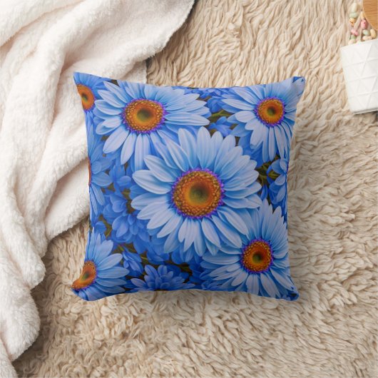 レトロフローラ青ひまわり青デイジー模様 クッション (ブランケット)
