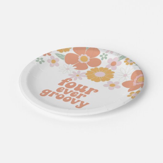 レトロフローラ4年ずっとグルーヴィー4歳の誕生日 ペーパープレート (アングル)