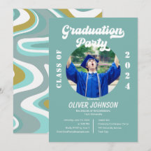 レトロフンキーなブルーとゴールドの卒業パーティ招待状