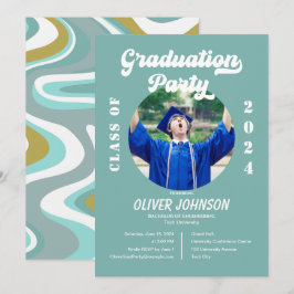 レトロフンキーなブルーとゴールドの卒業パーティ招待状 招待状
