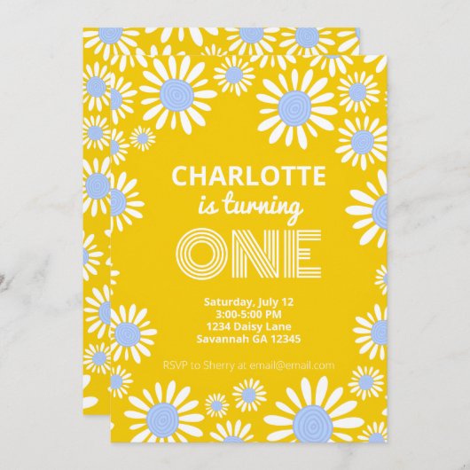 レトロブライトイエローデイジー第1誕生日 招待状 (正面/裏面)