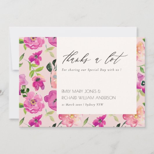レトロブライトピンクおもしろい水彩フローラ結婚 サンキューカード (正面)